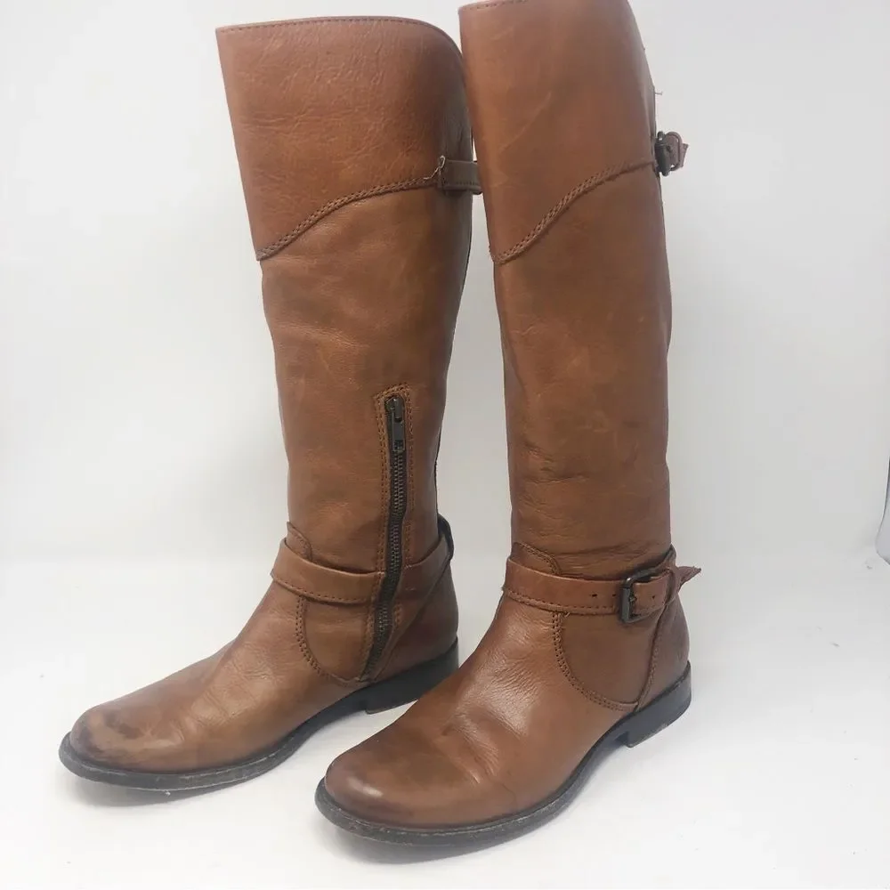 FRYE | Phillip Belted Tall Riding Boots in Cognac Tan Leather Women’s Size 7.5